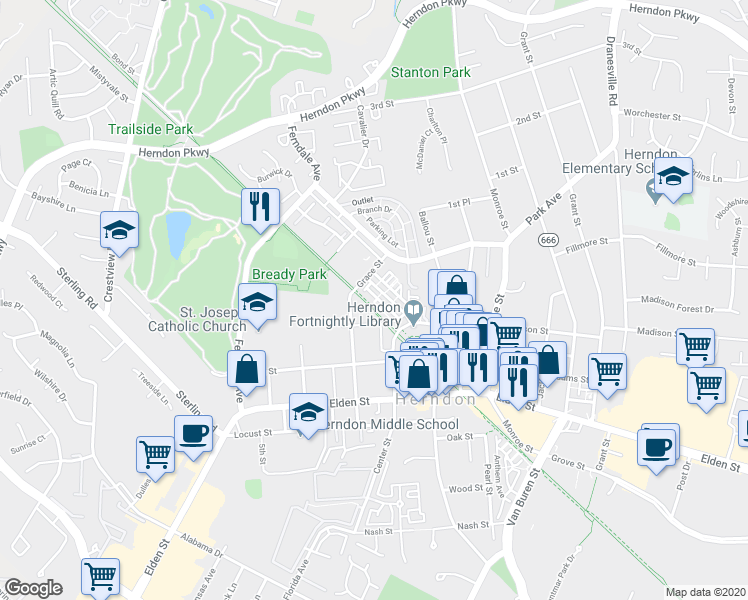 map of restaurants, bars, coffee shops, grocery stores, and more near 224 Herndon Station Square in Herndon