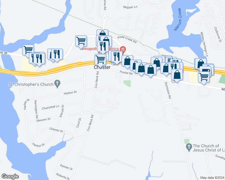 map of restaurants, bars, coffee shops, grocery stores, and more near 4012 Bridgepointe Drive in Chester