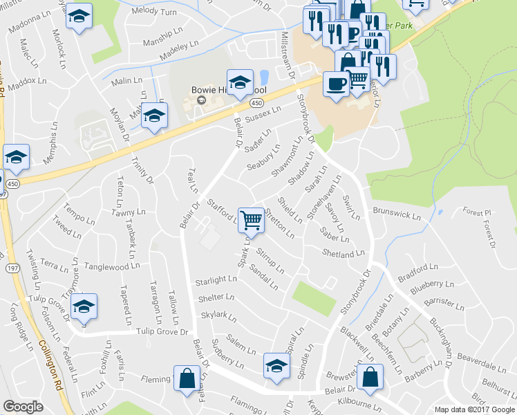 map of restaurants, bars, coffee shops, grocery stores, and more near 12401 Stretton Lane in Bowie