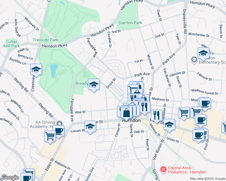 map of restaurants, bars, coffee shops, grocery stores, and more near 224 Herndon Station Square in Herndon