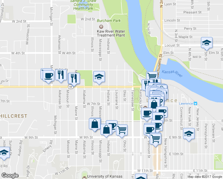 map of restaurants, bars, coffee shops, grocery stores, and more near 613 West 6th Street in Lawrence