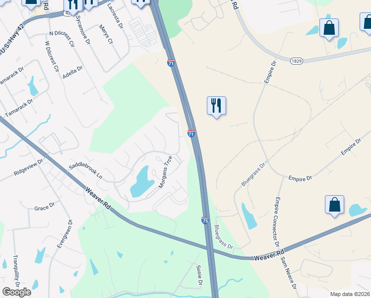 map of restaurants, bars, coffee shops, grocery stores, and more near 566 Saddlebrook Lane in Florence