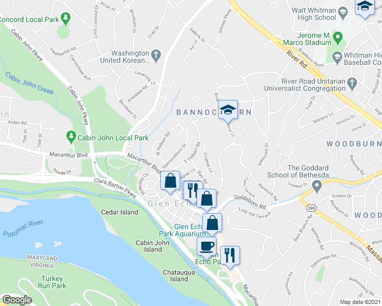 map of restaurants, bars, coffee shops, grocery stores, and more near 6302 East Halbert Road in Bethesda
