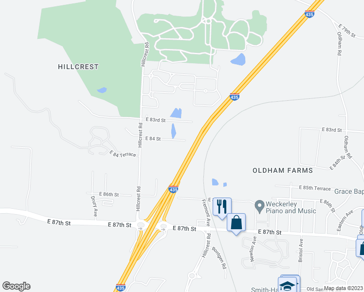 map of restaurants, bars, coffee shops, grocery stores, and more near 6103 East 84 Street in Kansas City