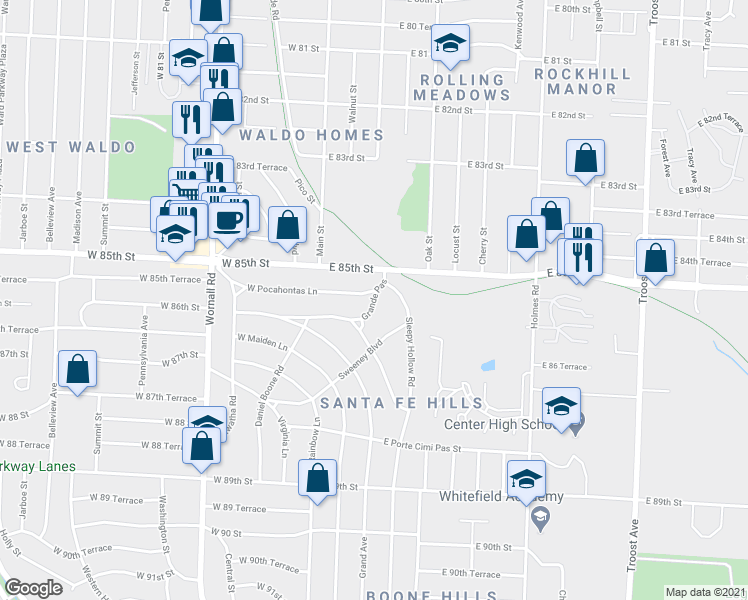 map of restaurants, bars, coffee shops, grocery stores, and more near 8532 Grande Pas Rd in Kansas City