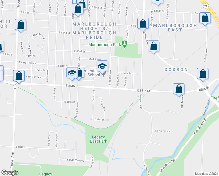 map of restaurants, bars, coffee shops, grocery stores, and more near E 85th St & Brooklyn Ave in Kansas City