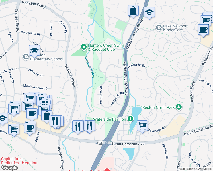 map of restaurants, bars, coffee shops, grocery stores, and more near 1630 Sierra Woods Drive in Reston