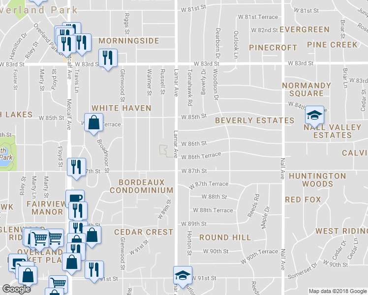 map of restaurants, bars, coffee shops, grocery stores, and more near 6211 West 86th Street in Overland Park