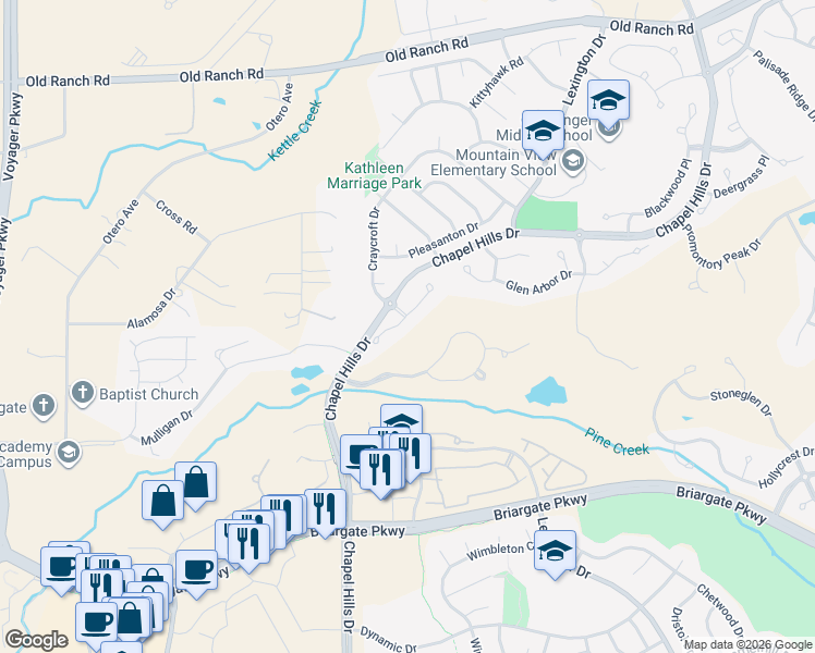 map of restaurants, bars, coffee shops, grocery stores, and more near 2379 Spanish Oak Terrace in Colorado Springs