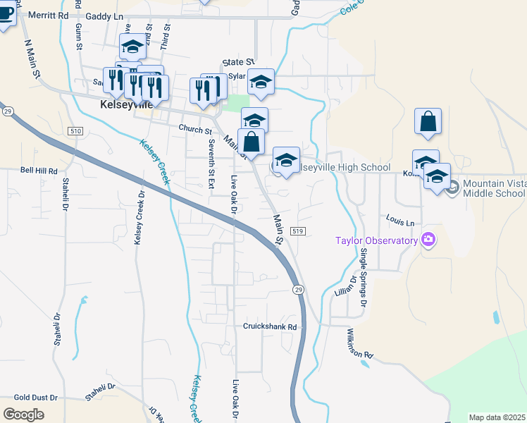 map of restaurants, bars, coffee shops, grocery stores, and more near 5586 Main Street in Kelseyville