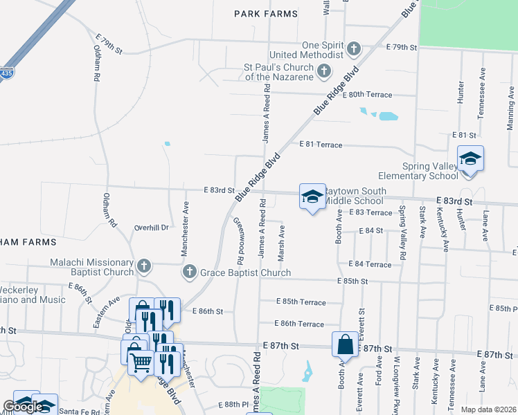 map of restaurants, bars, coffee shops, grocery stores, and more near 8307 Blue Ridge Boulevard in Raytown