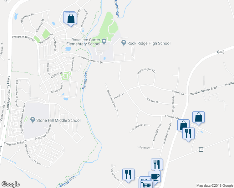 map of restaurants, bars, coffee shops, grocery stores, and more near 43382 Stukely Drive in Sterling