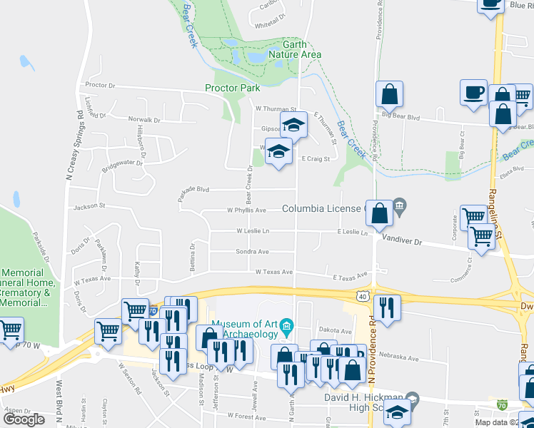 map of restaurants, bars, coffee shops, grocery stores, and more near 200 West Phyllis Avenue in Columbia