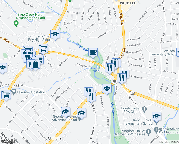 map of restaurants, bars, coffee shops, grocery stores, and more near 6729 Chillum Manor Road in Hyattsville