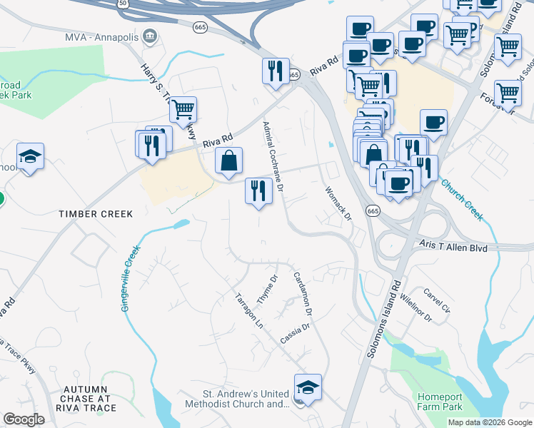 map of restaurants, bars, coffee shops, grocery stores, and more near 170 Admiral Cochrane Drive in Annapolis