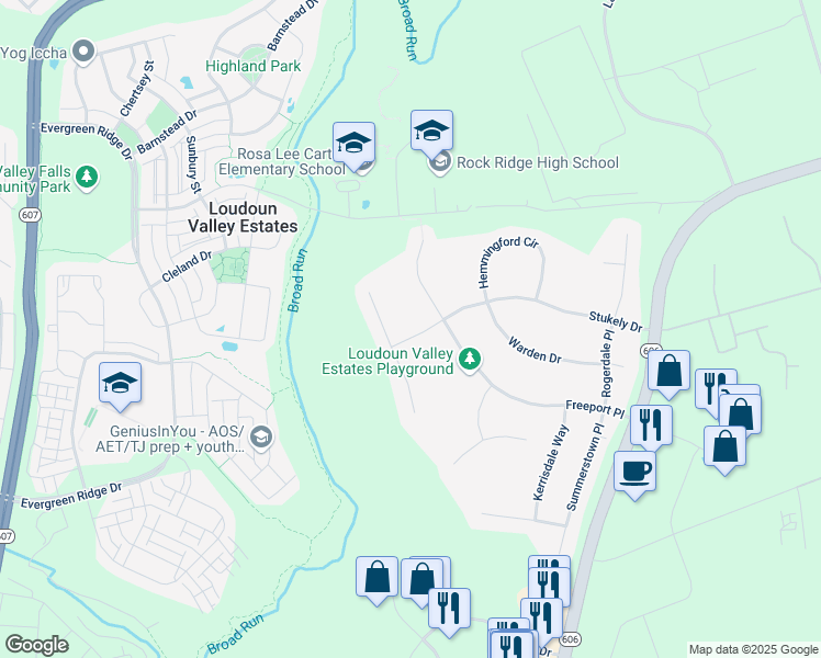 map of restaurants, bars, coffee shops, grocery stores, and more near 43382 Stukely Drive in Sterling
