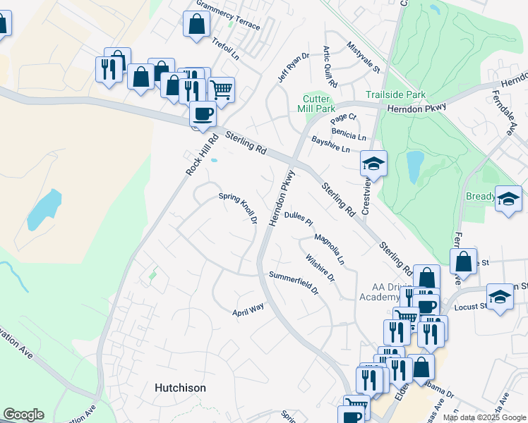 map of restaurants, bars, coffee shops, grocery stores, and more near 1403 Dulles Place in Herndon