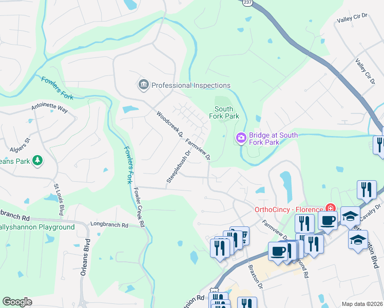 map of restaurants, bars, coffee shops, grocery stores, and more near 8972 Steeplebush Lane in Florence
