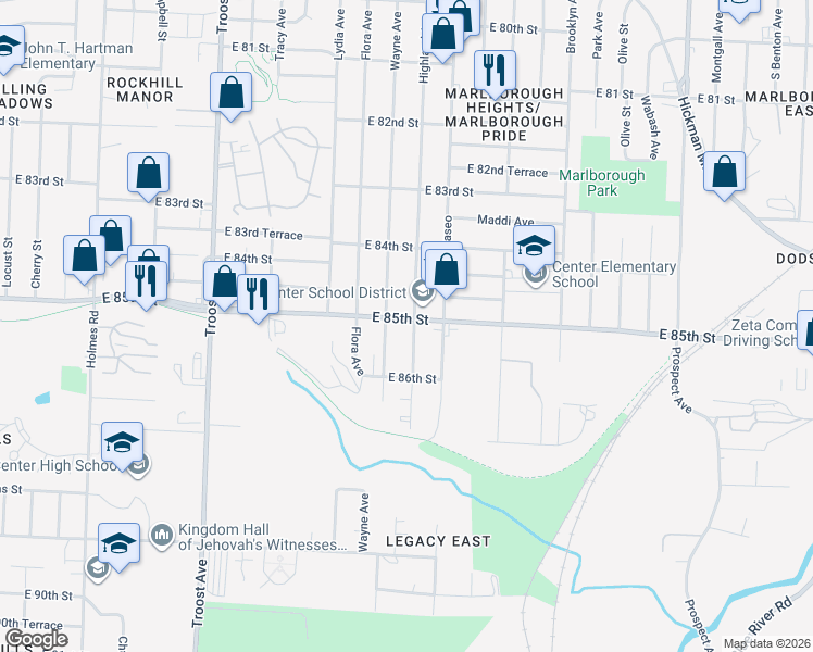 map of restaurants, bars, coffee shops, grocery stores, and more near 8504 Highland Avenue in Kansas City