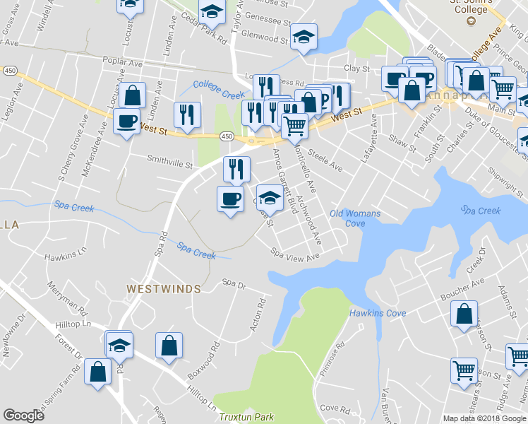 map of restaurants, bars, coffee shops, grocery stores, and more near Chase Street in Annapolis