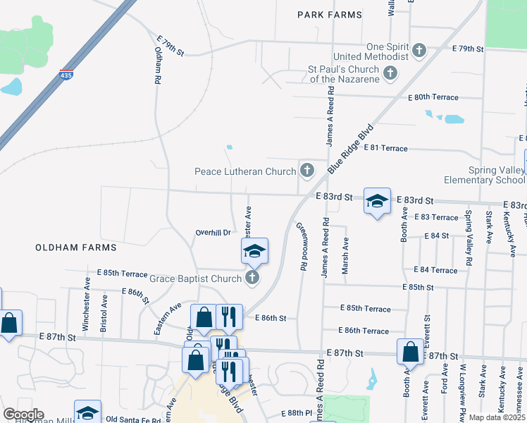 map of restaurants, bars, coffee shops, grocery stores, and more near 8319 Manchester Avenue in Kansas City