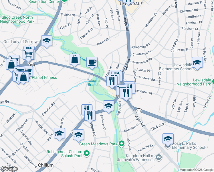 map of restaurants, bars, coffee shops, grocery stores, and more near 1801 East-West Highway in Hyattsville