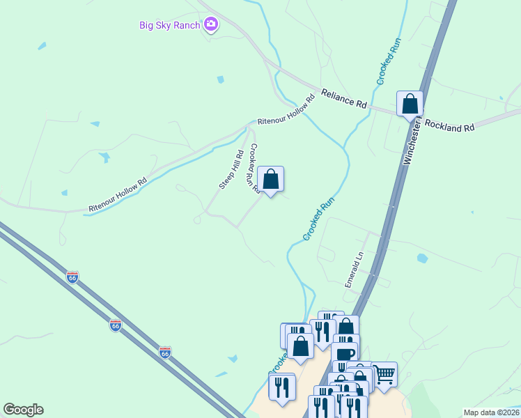 map of restaurants, bars, coffee shops, grocery stores, and more near Crooked Run Plaza in Front Royal