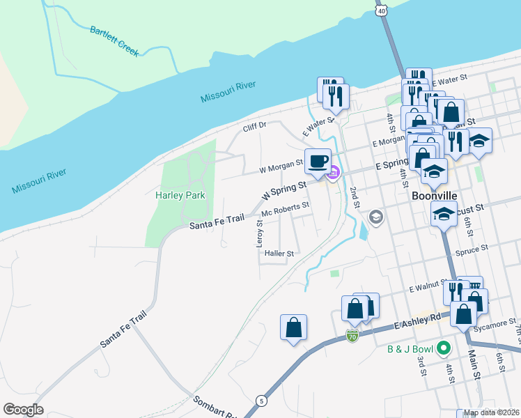 map of restaurants, bars, coffee shops, grocery stores, and more near 313 Mc Roberts Street in Boonville