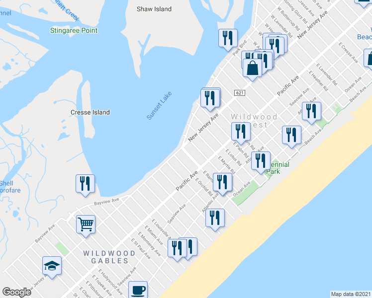 map of restaurants, bars, coffee shops, grocery stores, and more near 103 County Highway 621 in Wildwood Crest