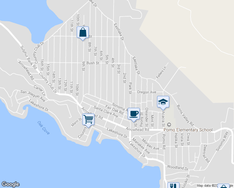 map of restaurants, bars, coffee shops, grocery stores, and more near 3437 3rd Street in Clearlake