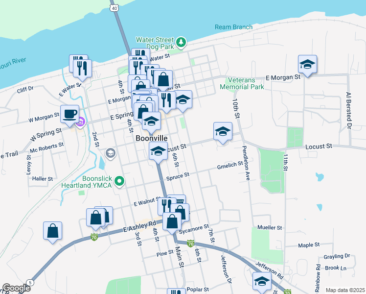 map of restaurants, bars, coffee shops, grocery stores, and more near 618 Locust St in Boonville