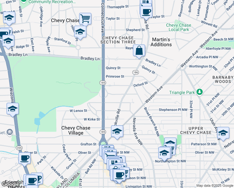 map of restaurants, bars, coffee shops, grocery stores, and more near Newlands Street in Chevy Chase