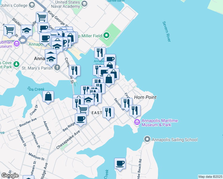 map of restaurants, bars, coffee shops, grocery stores, and more near 125 Severn Avenue in Annapolis