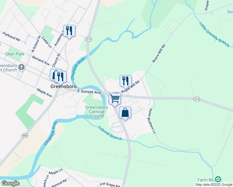 map of restaurants, bars, coffee shops, grocery stores, and more near 99 Whiteleysburg Road in Greensboro