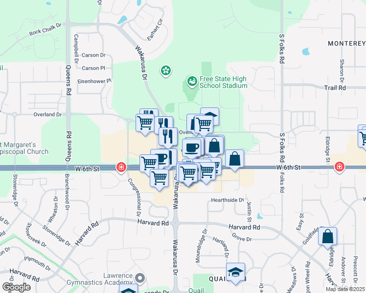 map of restaurants, bars, coffee shops, grocery stores, and more near 525 Wakarusa Drive in Lawrence