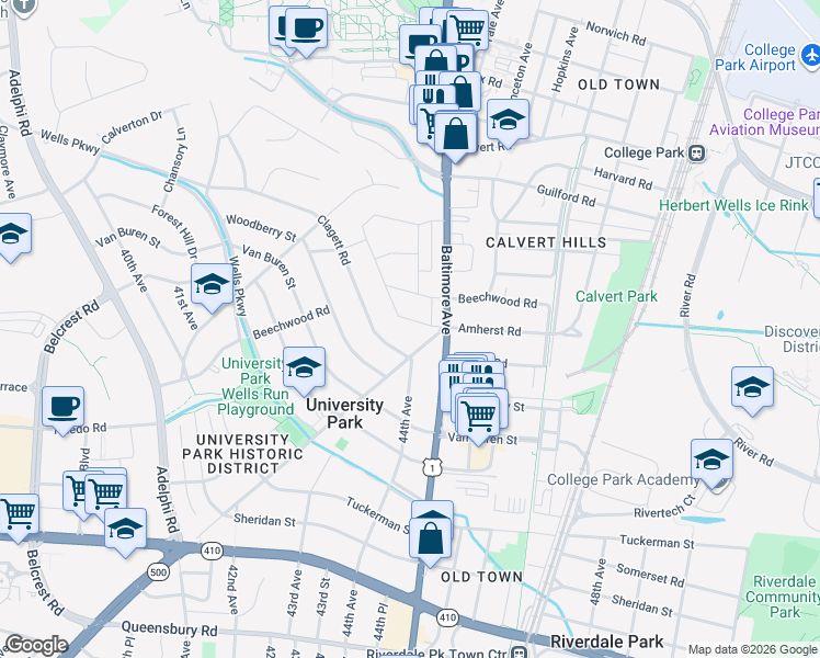 map of restaurants, bars, coffee shops, grocery stores, and more near 6804 Pineway in University Park