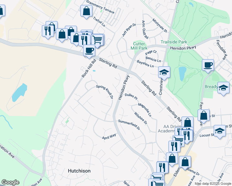 map of restaurants, bars, coffee shops, grocery stores, and more near 1403 Dulles Place in Herndon