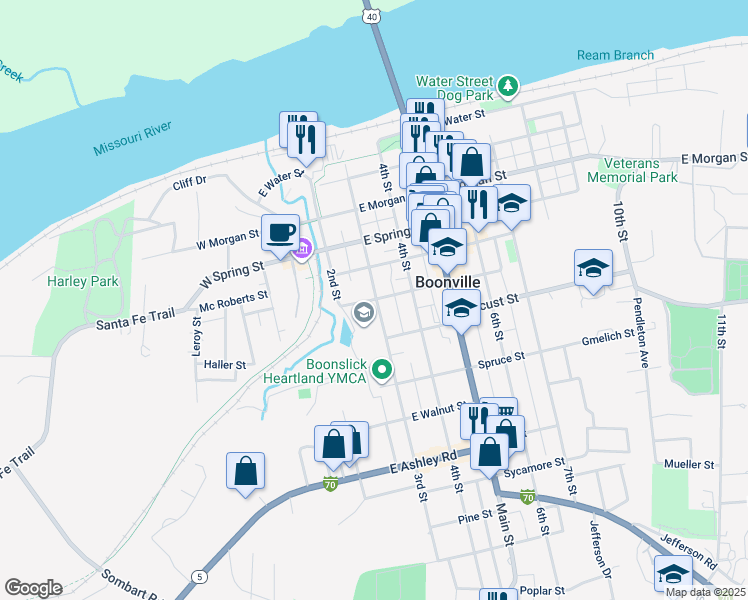 map of restaurants, bars, coffee shops, grocery stores, and more near 299 Vine St in Boonville