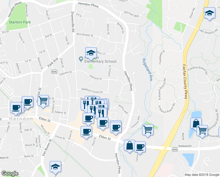 map of restaurants, bars, coffee shops, grocery stores, and more near 892 Ashburn St in Herndon