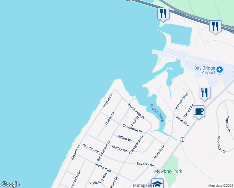 map of restaurants, bars, coffee shops, grocery stores, and more near 501 Bayside Drive in Stevensville