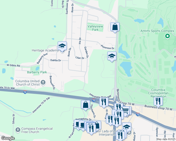 map of restaurants, bars, coffee shops, grocery stores, and more near 1700 Garden Drive in Columbia