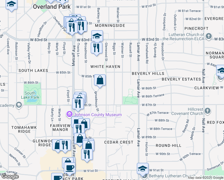 map of restaurants, bars, coffee shops, grocery stores, and more near 8600 Riggs St in Overland Park