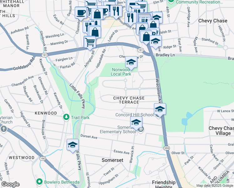 map of restaurants, bars, coffee shops, grocery stores, and more near 4809 Morgan Drive in Chevy Chase