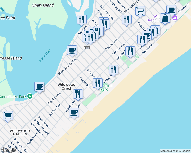 map of restaurants, bars, coffee shops, grocery stores, and more near 6608 Atlantic Avenue in Wildwood Crest