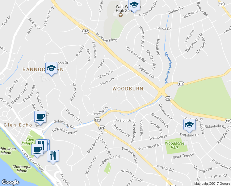 map of restaurants, bars, coffee shops, grocery stores, and more near 6304 Wynkoop Boulevard in Bethesda