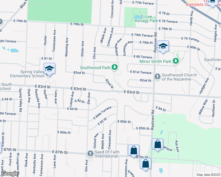 map of restaurants, bars, coffee shops, grocery stores, and more near 9417 82nd Street in Raytown