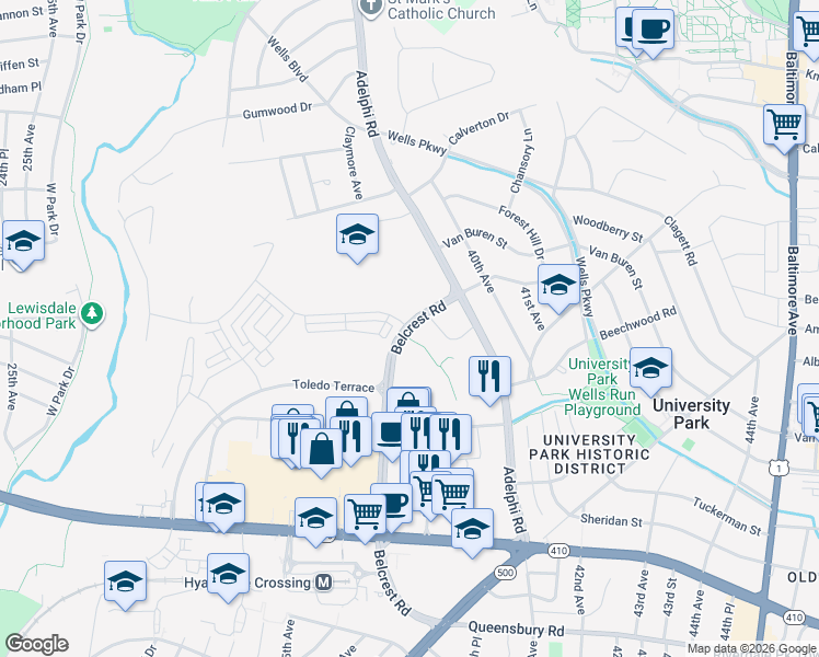 map of restaurants, bars, coffee shops, grocery stores, and more near 6821 Belcrest Road in Hyattsville