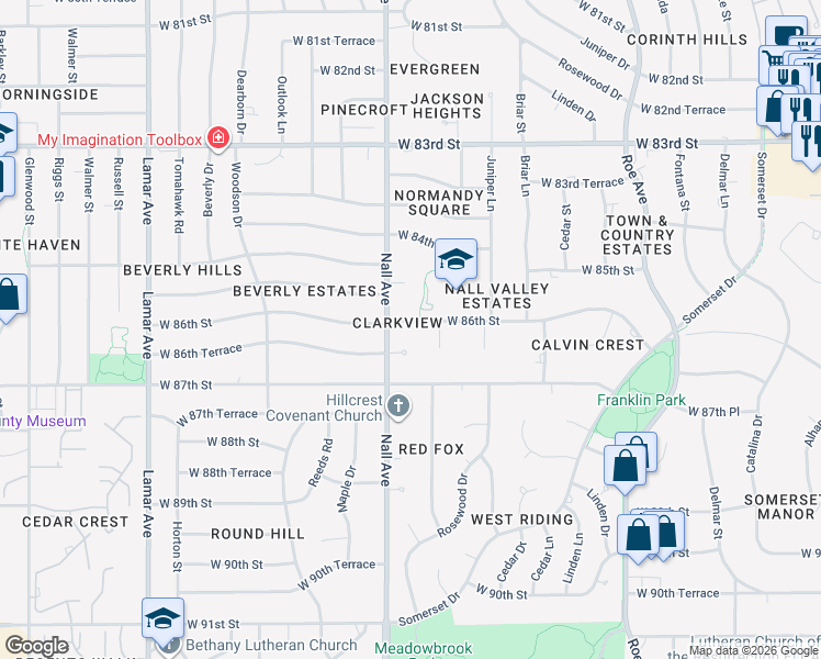 map of restaurants, bars, coffee shops, grocery stores, and more near 5421 West 86th Street in Prairie Village