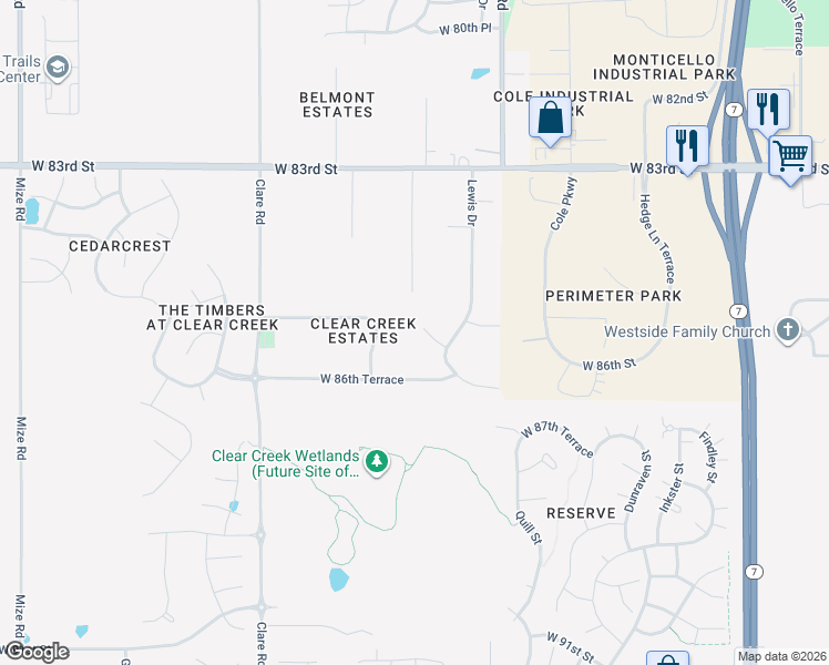 map of restaurants, bars, coffee shops, grocery stores, and more near 24111 West 86th Street in Lenexa