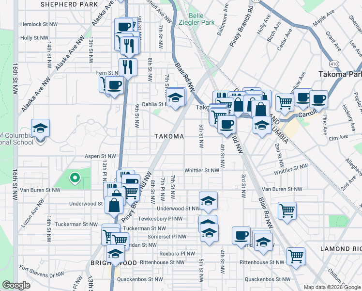 map of restaurants, bars, coffee shops, grocery stores, and more near 6812 6th Street Northwest in Washington